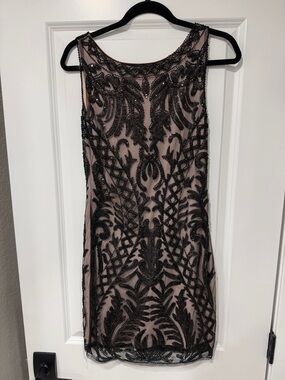 Beaded Lace Overlay Mini Dress in Black on Nude